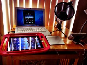 My setup for webinar presented at Mobile Learning Summit: Macbook, iPad and Blue Microphone.