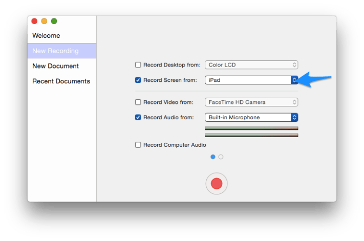 iPad selected as camera source in Screenflow new recording pane.