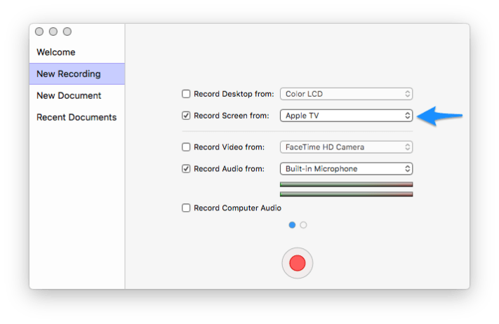 Apple TV selected as source in Screenflow Configure Recording window.