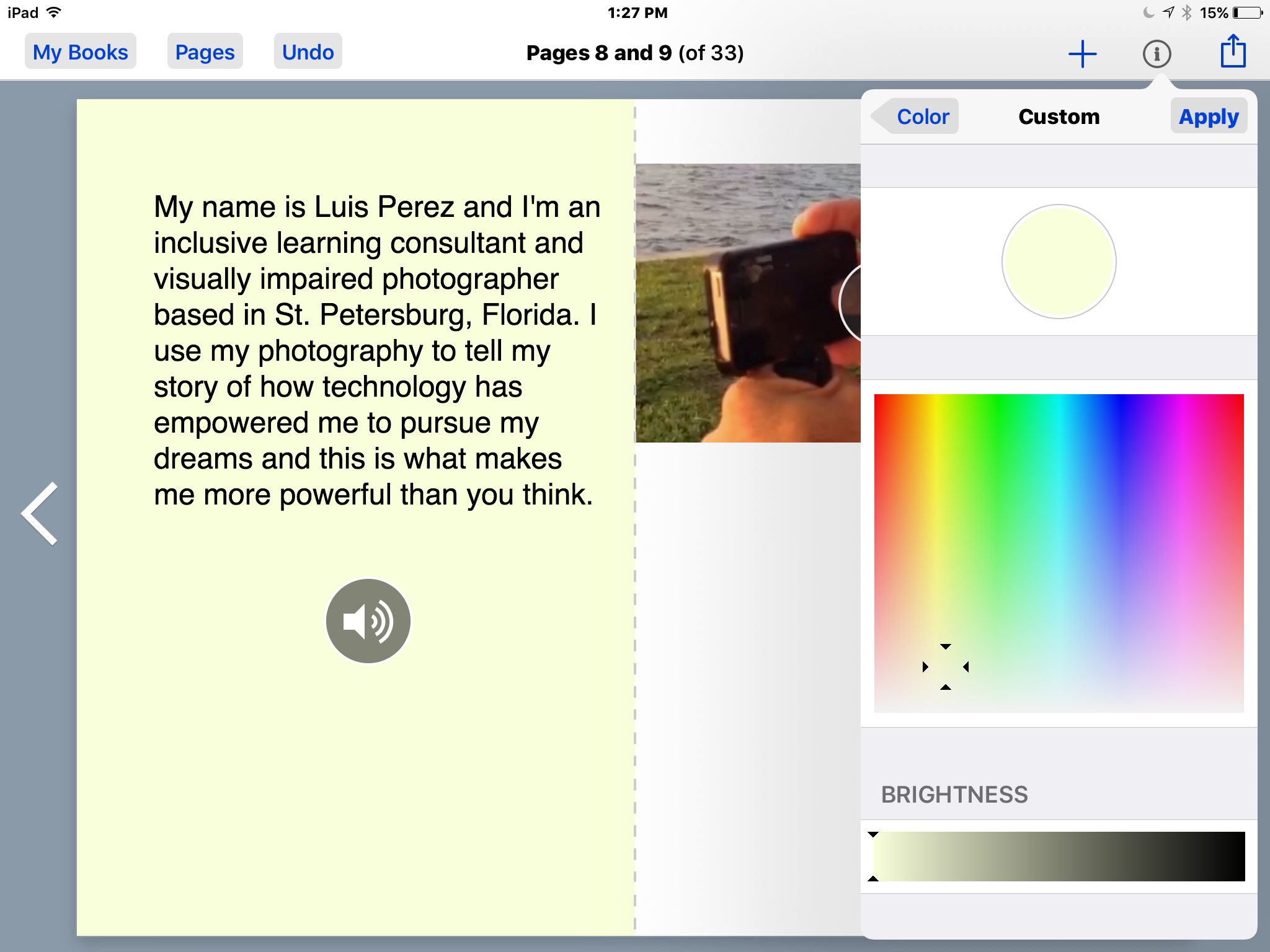 Custom color picker in Book Creator with light yellow color selected.