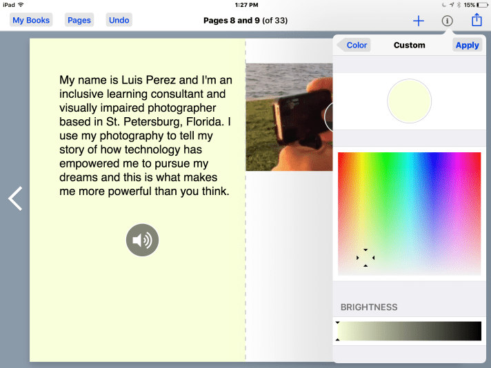 Custom color picker in Book Creator with light yellow color selected.