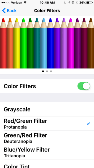 Color filters pane has options for Grayscale and color blindness filters.