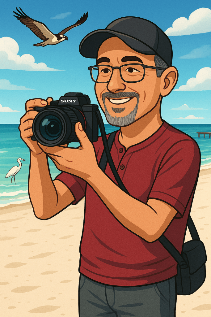 AI Generated Cartoon showing Luis holding his Sony camera while out photographing birds at the beach